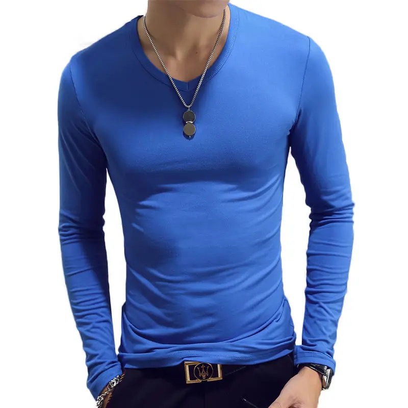 Özel yeni tasarım uzun kollu düz t shirt özel Logo baskılı mavi t-shirt erkekler için 100% pamuklu t-shirt Logo