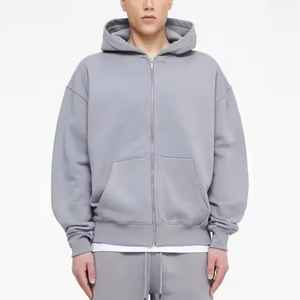 Nuevas sudaderas con capucha de gran tamaño Vintage para hombre, ropa de calle con cremallera, lavado ácido, estampado de hojaldre, gris, teñido liso para invierno - Product Image 1