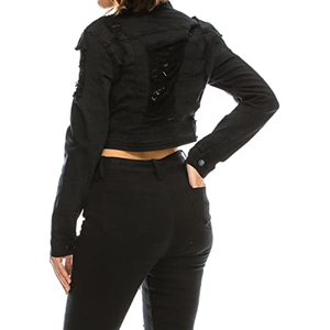 Women's <b>Cropped</b> Trucker <b>Jacket</b> Black Long Sleeve Button Front Solid Color Turn-down Collar Full Sleeve Casual Autumn Wear - Product Image 6