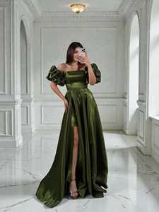 Robe de soirée Nora en satin, taille empire, à volants, patchwork, maxi, coupe trapèze, sans manches, infroissable, bleu marine et vert kaki - Product Image 2