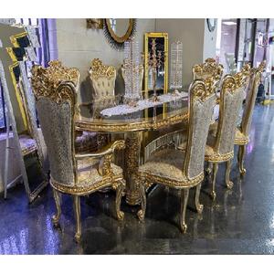 ชุดโต๊ะอาหาร8ที่นั่งแกะสลักจากดีไซน์เนอร์สีทองสำหรับห้องอาหารเฟอร์นิเจอร์ไม้สักชุดโต๊ะอาหารไม้สักชุดเก้าอี้รับประทานอาหาร - Product Image 1