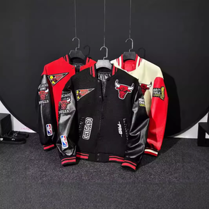 Custom Men's Wool Letterman <b>Varsity</b> <b>Jacket</b> Stand Collar Real Leather with Coated Embroidery Patches <b>Black</b> <b>and</b> <b>Red</b> Color - Product Image 4