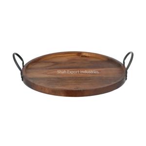 Plateau de service de nourriture en bois de forme ronde de nouveau style avec poignées en métal noir plateaux d'appareils de cuisine polyvalents - Product Image 2