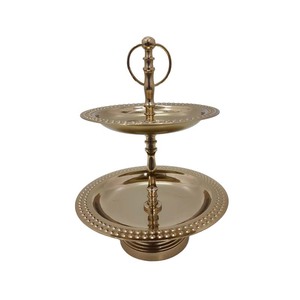 Présentoir à gâteau de forme ronde en métal à 2 niveaux au design unique, fini or, pour un anniversaire, un événement, une fête, vente en gros en vrac - Product Image 1