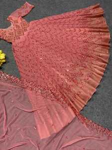 Diseñador de las mujeres Faux Georgette encaje borde Dupatta totalmente cosido largo bordado vestido indio bodas fiestas Material pesado - Product Image 6