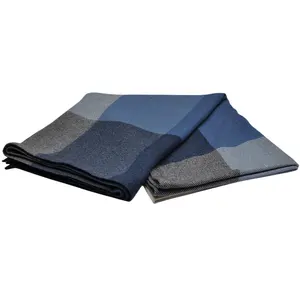 BLUE PHOENIX western blanket 100% lambswool tartan plaid checker gradient twill two ply hem luxury custom for couch sofa
