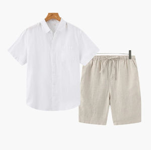 Ensemble chemise et short décontracté en coton 100% de luxe, à manches courtes, motif uni, vente flash d'été, ensemble deux pièces pour homme - Product Image 4