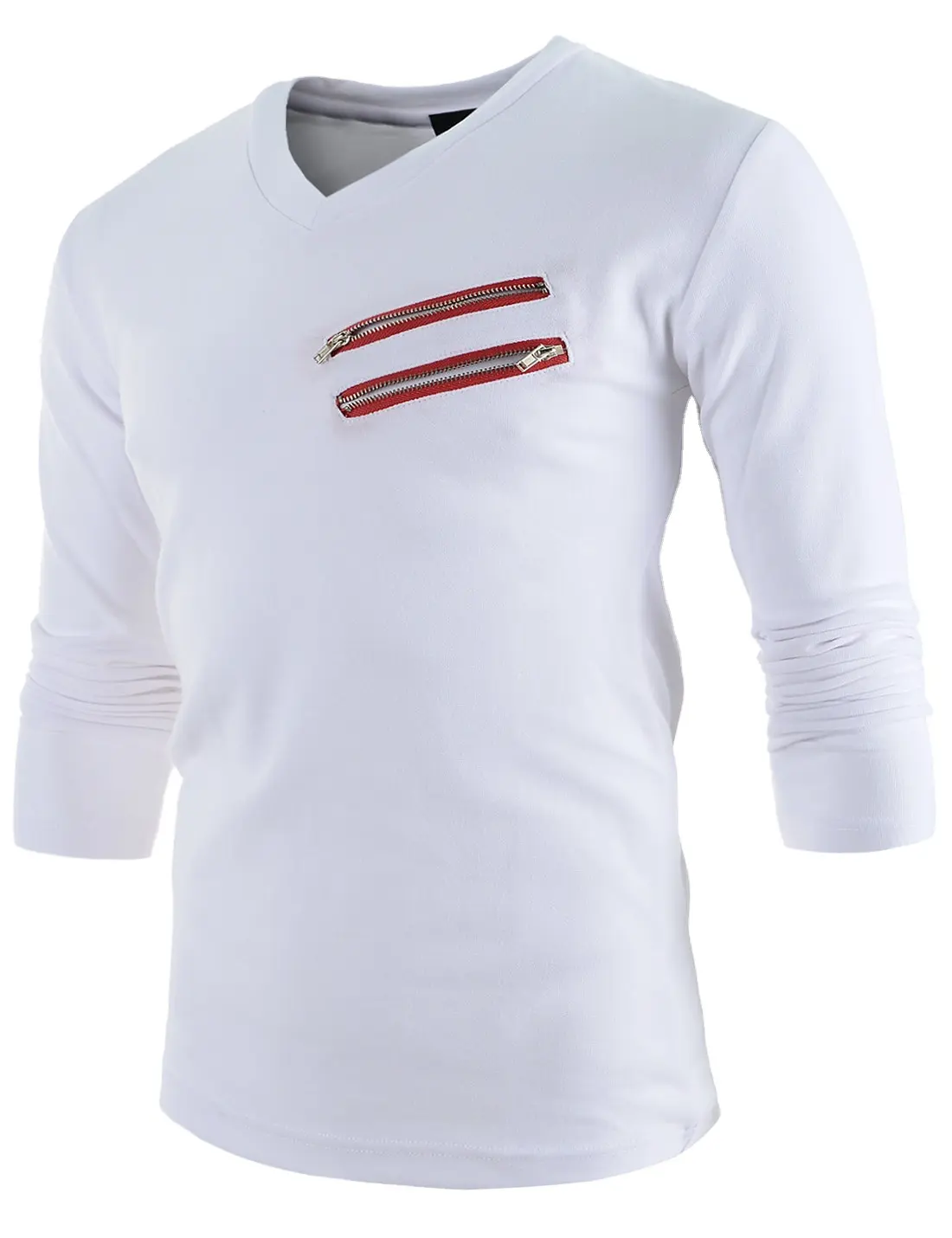 Vネックダブルジップ高品質カジュアルTシャツカスタムカラーレッドホワイトTシャツ