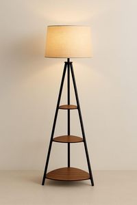 Cadre en métal noir élégant et rustique en noyer, accents en bois, abat-jour en tissu beige et brun classique pour bureau, vente en gros - Product Image 3