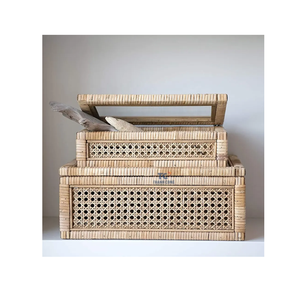 Cajas de exhibición de caña y ratán con tapa de vidrio Cajas de exhibición de ratán de caña antigua con tapa de vidrio Caja de almacenamiento de ratán tejido - Product Image 6