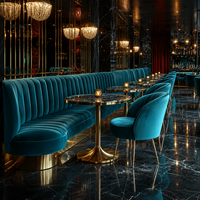 Table de restaurant de luxe de Dubaï avec plateau en pierre frittée et structure en acier inoxydable, mobilier de bar et de salon, banquette bleue, chaises et canapés