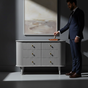 Buffet à 2 tiroirs à côtés cannelés, design moderne, écologique et durable, meuble de salon TPG gris glacier - Product Image 5