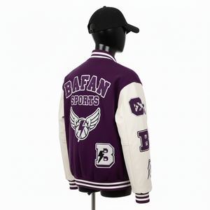 Veste universitaire pour femmes en laine mélangée de qualité supérieure, panneaux blancs et violets, manches en cuir PU, broderie de logo personnalisée, vestes universitaires pour femmes - Product Image 5