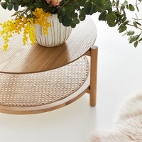 Table basse en teck massif et rotin tressé au design moderne, durable, faite à la main, pour intérieur et extérieur, couleur personnalisable, garantie 12 mois