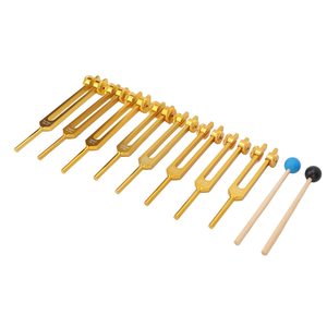 Juego de 9 Diapasones de Solfegeo y 9 Diapasones de Chakra con Peso Dorado, Afinados a .25Hz, para Sanación con Sonido - Product Image 1