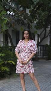 Women's Short Sleeve V Neck Cotton <b>Dress</b> Stylish Floral and Solid Pattern Fit and Flare for Summer and Autumn - Product Image 2