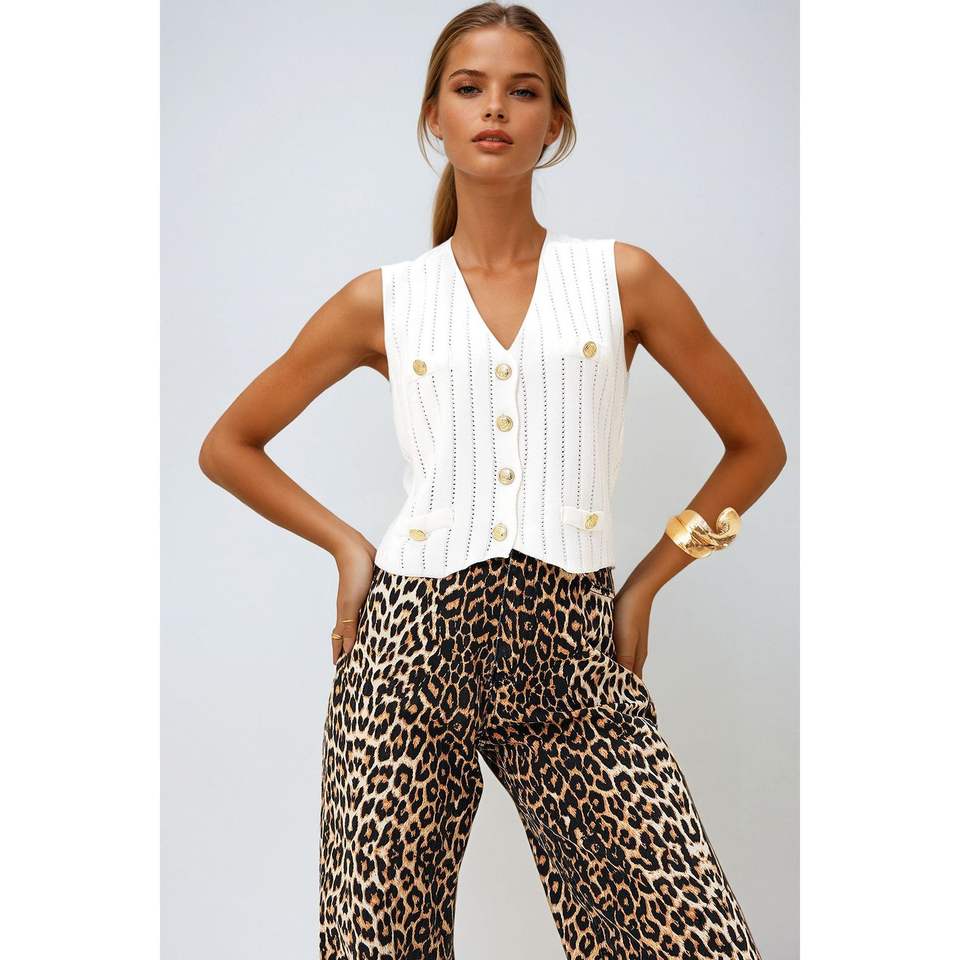 V Neck Gold Button and Pocket Detailed Knit Vest