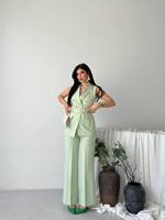 Ensemble tailleur pantalon long à jambes larges avec gilet blazer sans manches en toile de laine/nylon vert menthe vintage et ceinture appliquée pour femme