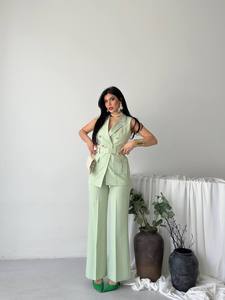 Women's Mint Green Sleeveless <b>Blazer</b> Vest With Belt And Wide Leg Trousers Elegant 2 Piece Suit <b>Set</b> Solid Color Satin Fabric - Product Image 3