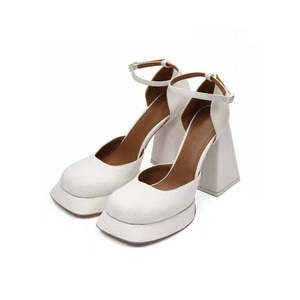 Yu Shuxin Style White High <b>Heels</b> Waterproof Platform <b>Mary</b> <b>Jane</b> Shoes with 8cm Square <b>Heel</b> 5cm Kitten <b>Heel</b> Petite Vintage Design - Product Image 1