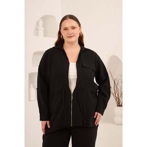 Chaqueta Tejida Negra para Mujer, Talla Grande, Marca RMG, con Lazos Lisos Teñidos, Mangas Plisadas, Cinturón, Antiarrugas, Transpirable, Mezcla de Modal y Poliéster - Product Image 1