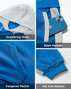 Men's Blue Gray Color Blocking Hoodie Sweatpants <b>Set</b> Casual Fleece Tracksuit Autumn Wear - Product Image 3