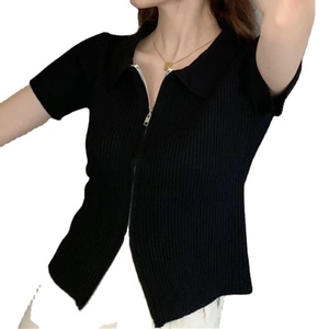 Top <b>Women</b> Clothing Polo Collar T-<b>shirt</b> Summer Zipper Slim Half Sleeved Breathable Top High Waisted Short Blouse - Product Image 1