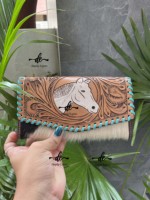 Dompet Wanita Desainer Gaya Barat Baru dengan Ukiran Tangan Warna Turquoise, Dompet Ponsel Multifungsi, Laris Manis
