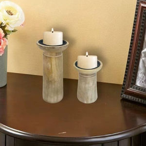 Wooden <b>Candle</b> Stand Tapered Design (in White Brushed Finish, <b>Set</b> of 2 with <b>Candles</b>)design features a hand-crafted wooden <b>candle</b> - Product Image 1