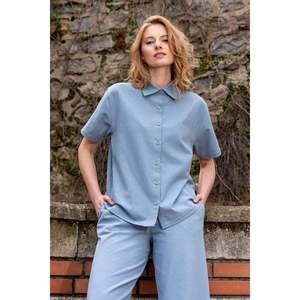 Ensemble pantalon et chemise à manches courtes en coton pour femme avec poches - Bleu - Bleu - Product Image 2