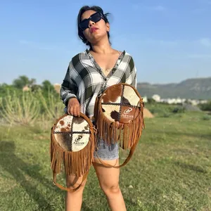 Bolso bandolera de piel de vaca con pelo, nuevo diseñador, colección elegante de bandolera con flecos, bolsos redondos para mujer