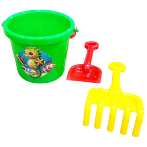 <b>Plastic</b> Kids Beach Bucket Set with Rake and Shovel for Outdoor Sand Play in <b>Mesh</b> Bag - Product Image 1