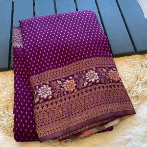 Sari ethnique traditionnel en soie KhadiCrepe lourde de designer de Bollywood, pour mariage, fête, vêtements ethniques, travail Zari et Meenakari - Product Image 1