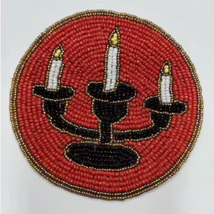 Festive Glow Handcrafted Beaded Tea Coaster with <b>Candle</b> Design <b>Pink</b> and Black Round Accent for Elegant Table Decor - Product Image 2