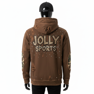 380GSM Tissu Polaire de Qualité Supérieure Marron Style Détruit avec Panneau de Coude Camouflage Logo Brodé Personnalisé Hommes Basics Hoodie - Product Image 2