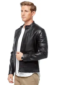Chaqueta de cuero suave y transpirable de piel de cordero auténtica para motocicleta negra perforada ajustada para hombre - Product Image 4