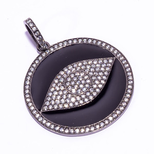 Pendentif rond Evil Eyes avec pierres CZ et émail noir |   Charme de protection en finition argentée, bijoux de créateur - Product Image 1