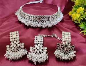 Religious Jewelry From India Beautiful Choker Style Mehendi Polish Design Party Wear Antique <b>Mirror</b> Choker Necklace Set - Product Image 2