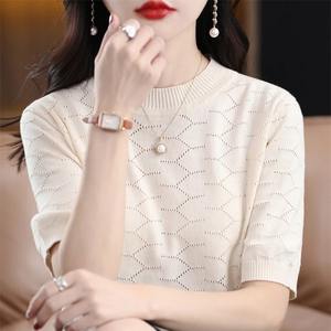 T-shirt d'été en coton pour femme, 100 % respirant, séchage rapide, personnalisable, col tricoté uni, manches courtes, pull ample - Product Image 6