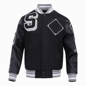 แจ็กเก็ตบอมเบอร์สำหรับผู้ชายแจ็คเก็ตหนังปักลายกำมะหยี่แจ็กเก็ตเบสบอลหนังแกะ - Product Image 1