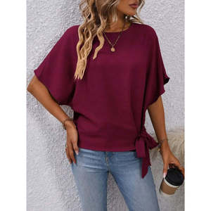 Blusa Aerobin de manga corta con cuello redondo y lazo lateral para mujer, 37394 - Rojo - Product Image 3