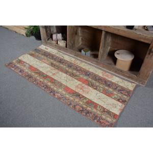 Alfombra de lana turca Vintage de 2,5x5,6 pies, tejido plano de retazos beige y Rojo para decoración de sala de estar con respaldo de látex - Product Image 2