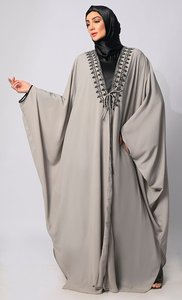 Sophisticated Embroidery and Handcrafted Grey XXL Kaftan Long Abaya Dress With Lining <b>for</b> Dubai Muslims Inspired Adult <b>Shrugs</b> - Product Image 5