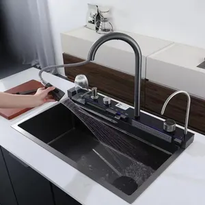 Affichage numérique à Led Double Cascade Fly Rain Pull-Out Faucet 304 Acier inoxydable Noir Nano Évier de cuisine intelligent avec lave-gobelet