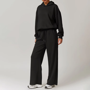 2025 nuevo Otoño Invierno cintura alta 2 piezas conjunto Joggers pantalones sudadera con pantalones de chándal Sudadera con capucha en blanco conjuntos de entrenamiento sueltos para mujeres - Product Image 1