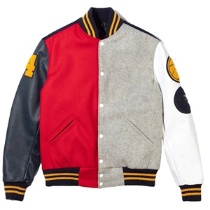 Veste de basket-ball unisexe respirante rouge, grise, noire et blanche avec broderie chenille personnalisée sur les manches en cuir - Product Image 1