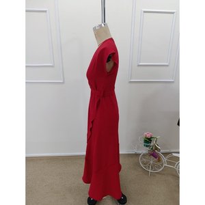 Women's <b>Short</b>-Sleeved Wrap-Neck Midi Aerobin <b>Dress</b> with Belted Waist, 35305 - <b>Red</b> - Product Image 5