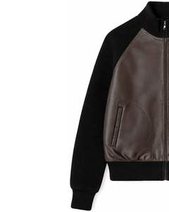 Chaqueta de Punto con Cremallera y Mangas de Cuero Sintético Marrón Oscuro y Negro para Hombre, Cuello Acanalado, Ropa de Abrigo Informal de Invierno, Abrigo de Moda - Product Image 2