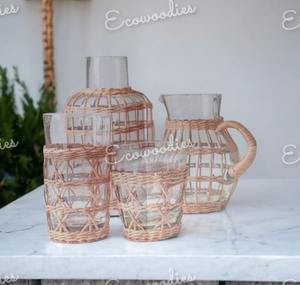 Recién llegado, soportes de vidrio de mimbre Natural, linternas y portavelas, diseños de ratán, decoración de bambú personalizada, cubierta de jarra para el hogar - Product Image 4