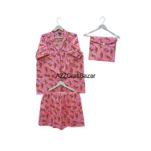 Conjunto de Pijama de Algodón Puro Hecho a Mano al por Mayor, Estampado de Cerezas, Cuello en V, Cierre con Cordón, Manga Corta, Camisón Transpirable y Suave - Product Image 5